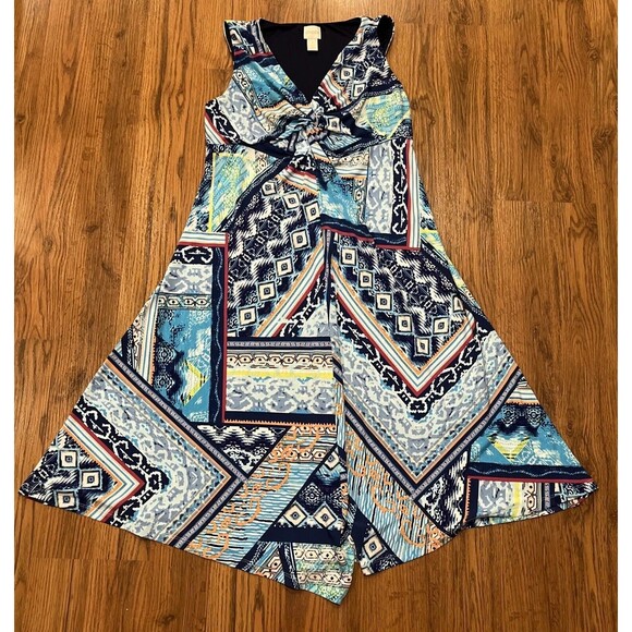 Chicos Dress Women's 1 Medium Colorful V Neck Sleeveless Midi Stretch Knot Front - Picture 1 of 5